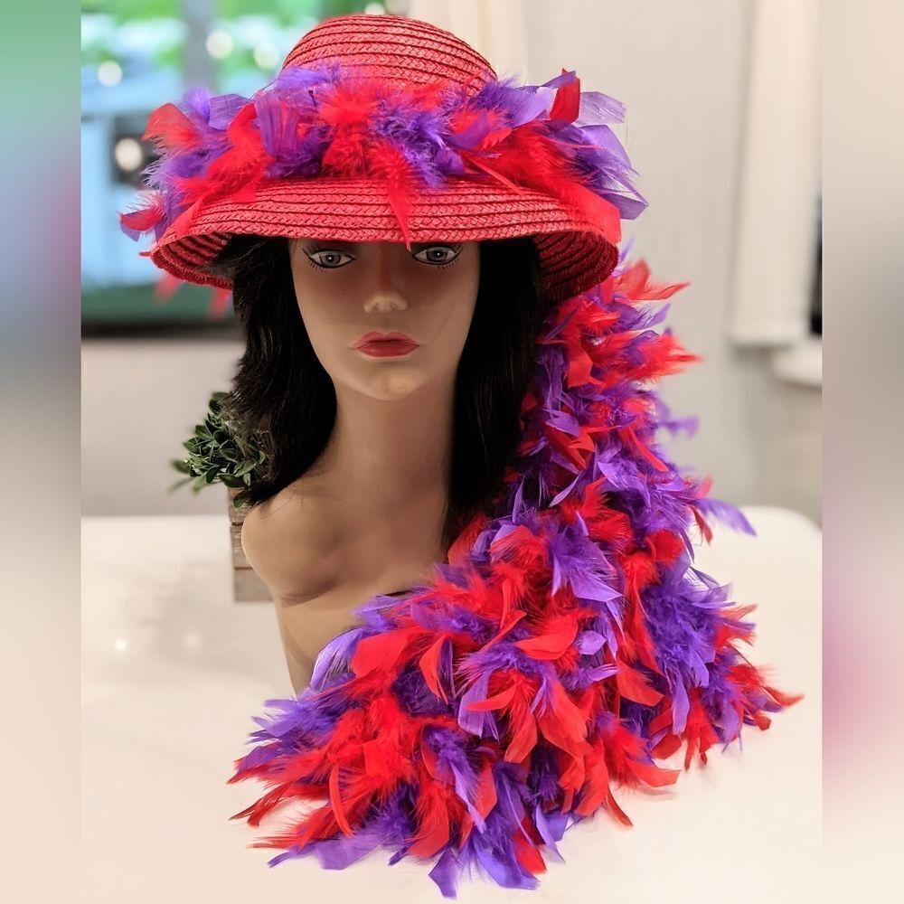 Red Hat Society Red Hat with Red and Purple Feather Fall